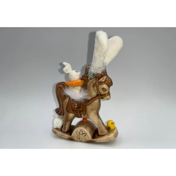 Vintage Ceramic Mini Rocking Horse Easter Bunny Chick Rider Faux Fur saddle OOAK - Picture 6 of 16